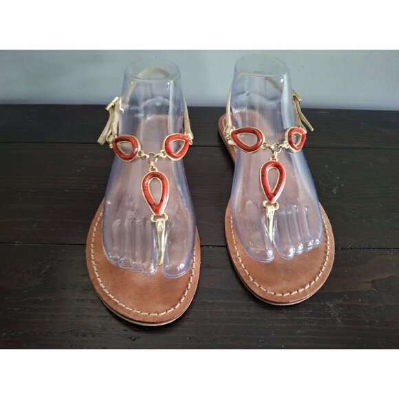 EUC Yellow Box Leather Sandals with Gold Straps and Red Teardrop Embellishments/ - Picture 5 of 9